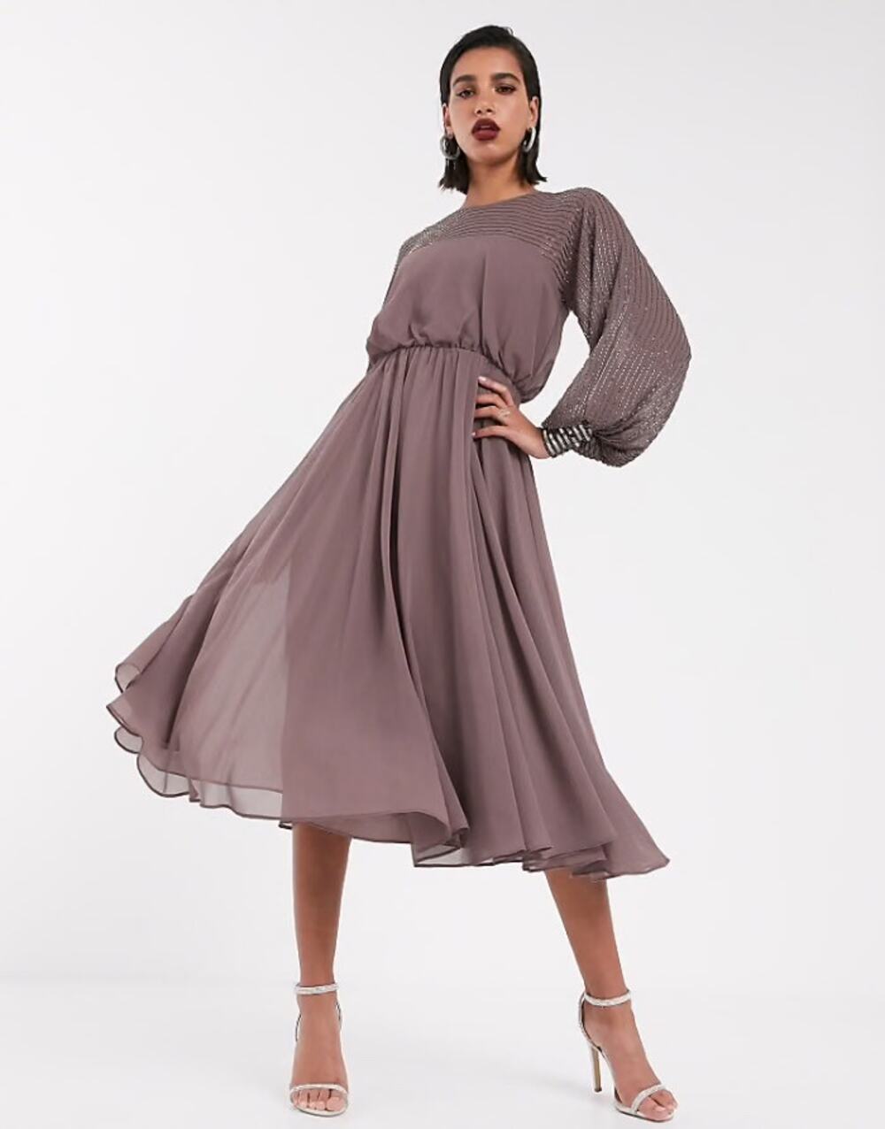 ASOS DESIGN midi Dress with linear yoke embellishment color mauve